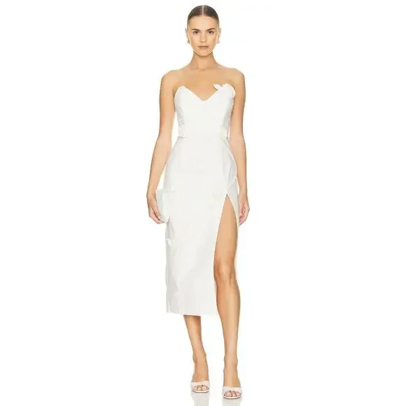 NBD Aiza Rosette Midi Dress Strapless Side Slit Party Bridal Wedding Ivory Sz XS